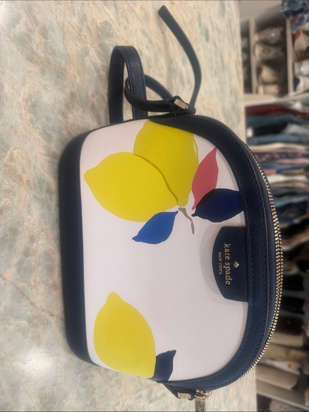 kate spade White Lemon Floral Crossbody with Navy Trim